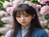 清纯校花写真示例：女生站在花园草坪中央，白色连衣裙随风轻扬，背景虚化成绿色光晕，画面清纯唯美